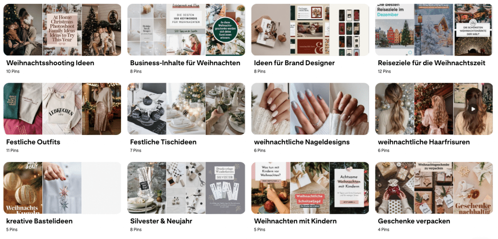 Pinterest Pinnwand mit Content Ideen für Weihnachten