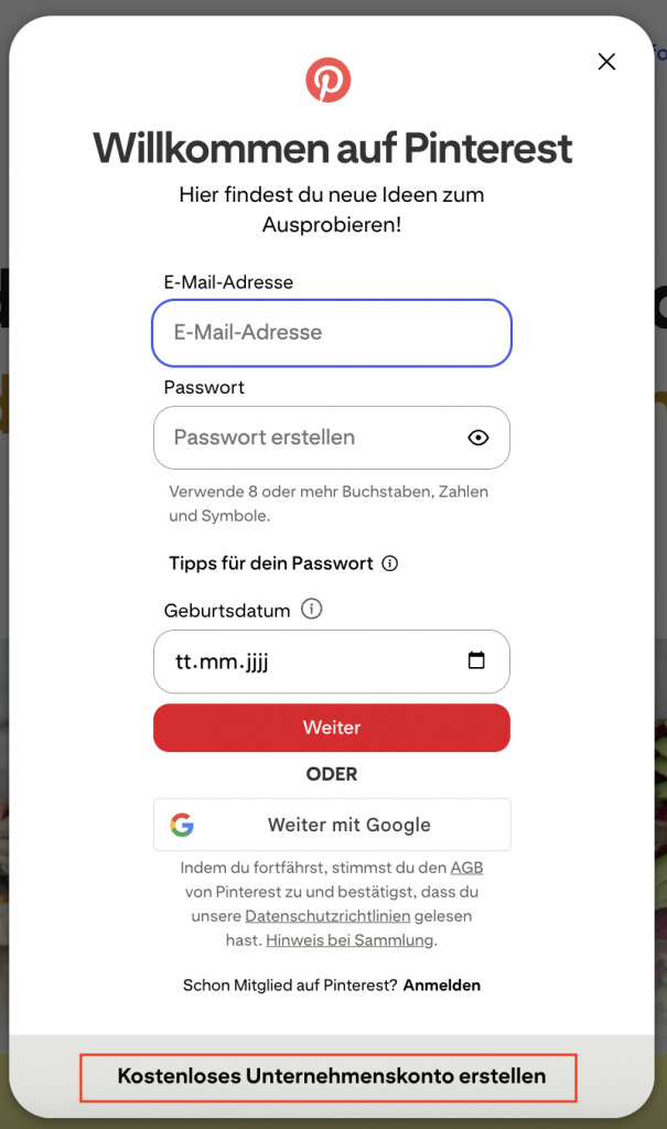 Kostenloses Unternehmenskonto erstellen